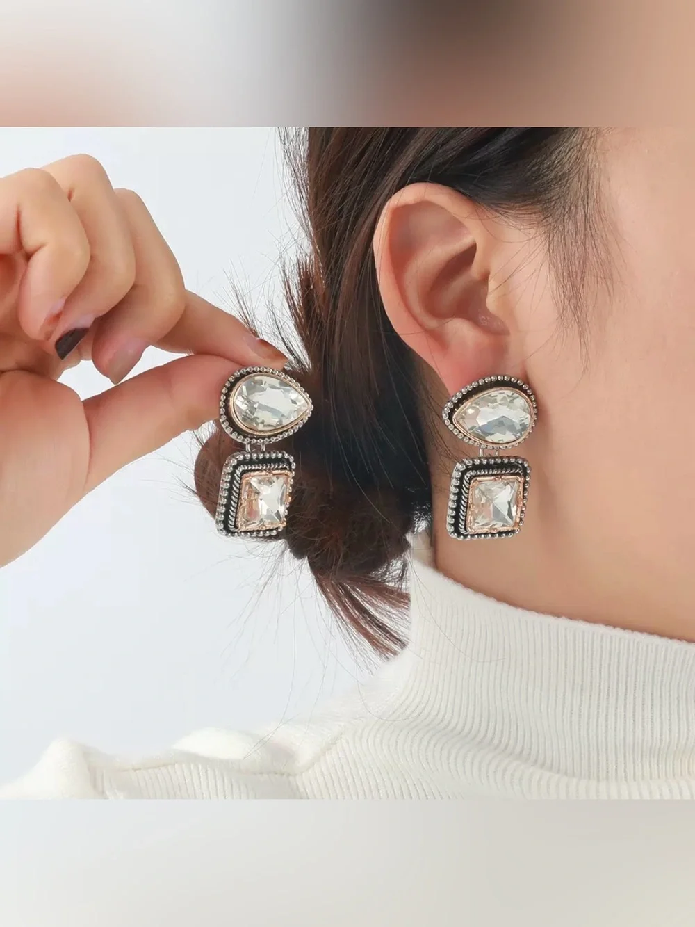 Crystal Drop & Square Statement Earrings - Clear